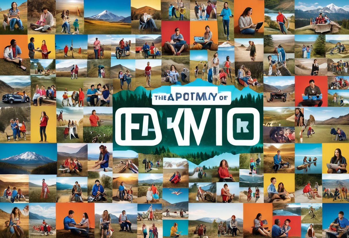 A dynamic collage showcasing diverse American lifestyles, including family gatherings, outdoor activities, and technology use, interspersed with elements representing content creation like cameras, laptops, and social media icons. The background features iconic American landscapes to set the mood. Emphasis on interaction and engagement among people of various backgrounds. vibrant colors. collage style.