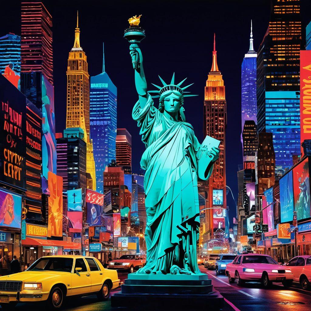 A dynamic collage showcasing the blend of American cultural symbols, such as the Statue of Liberty and neon-lit cityscapes, interwoven with elements from the adult entertainment industry like film reels and stylized silhouettes. Bright colors and contrasting light create an energetic atmosphere. Include subtle motifs representing changing trends, such as digital devices and diverse characters. A sense of exploration and evolution should be conveyed throughout the image. vibrant colors. collage art.